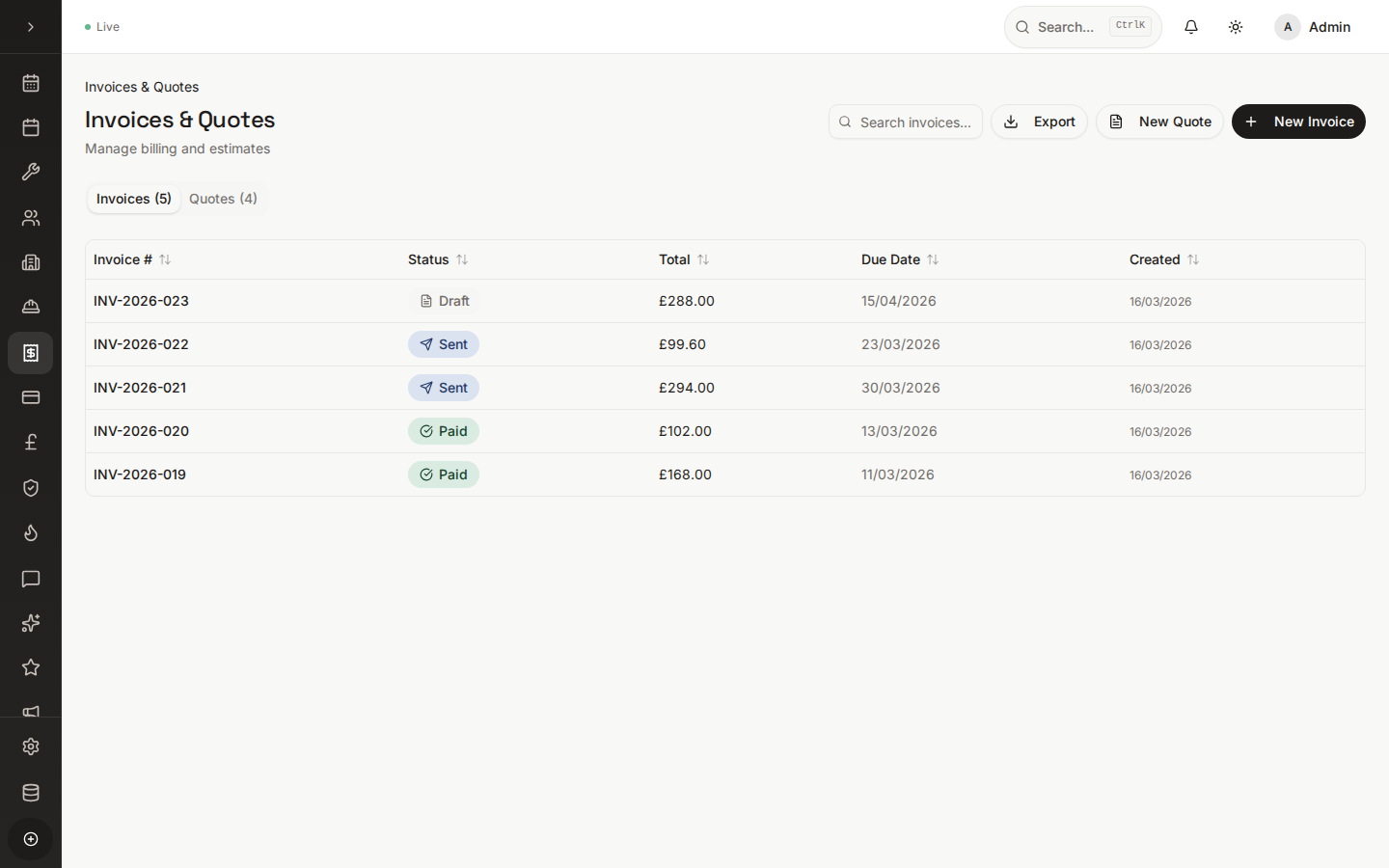 Sidekick invoices list showing payment status and amounts